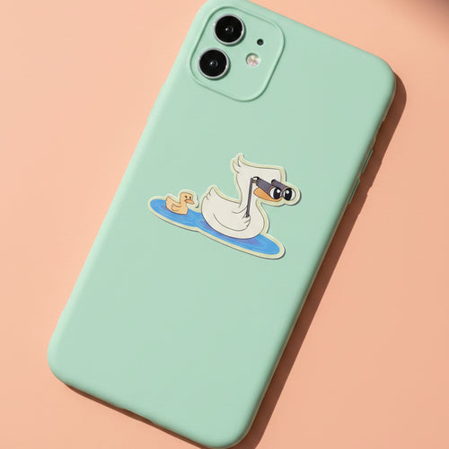Cartoon swan and duck floating on water with binoculars on a light blue phonecase on a pink background 