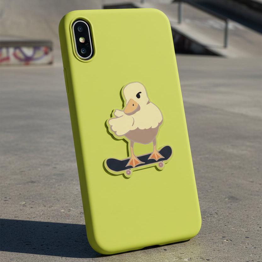 Cartoon duck on a skateboard sticker in a skate park 