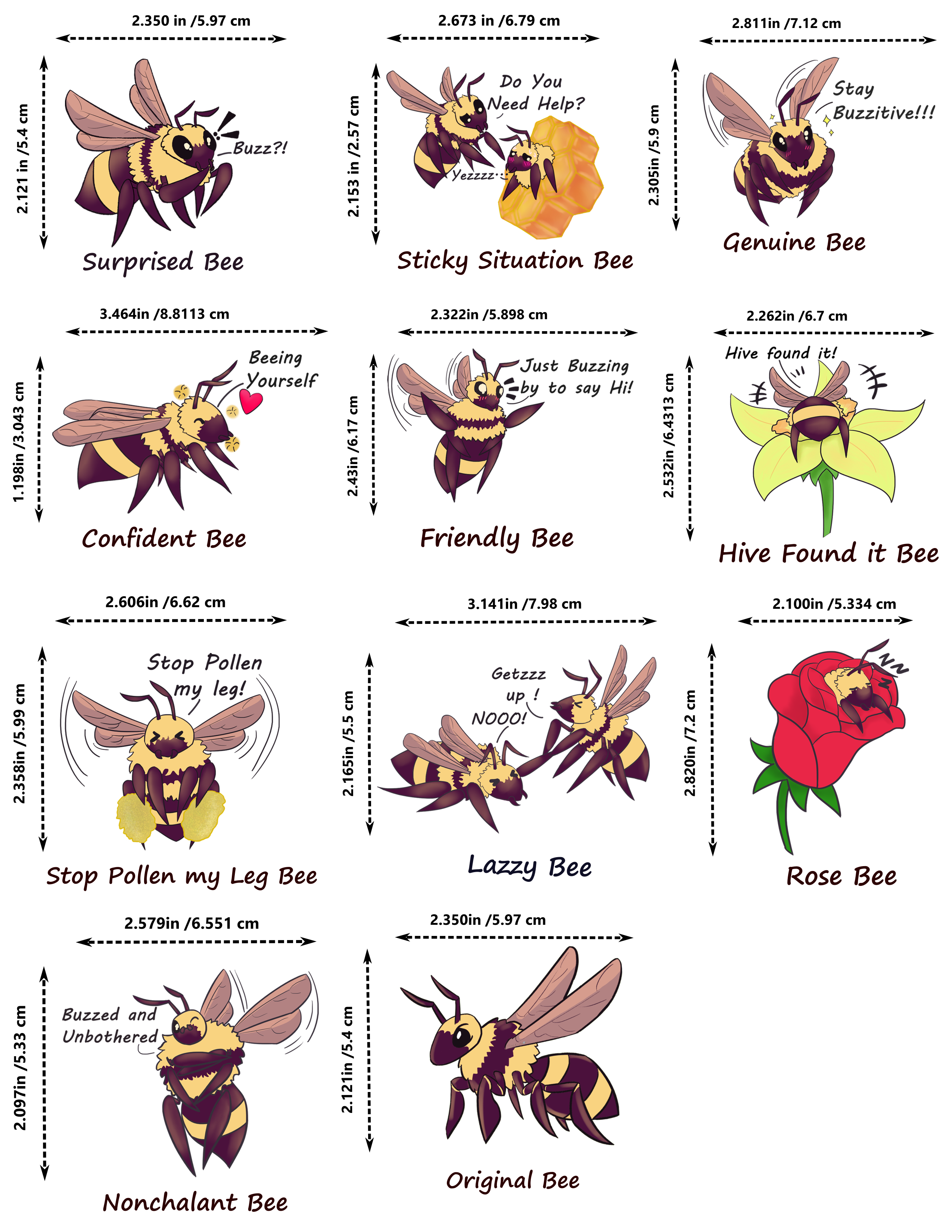 Illustrations of different bee types with dimensions on a white background