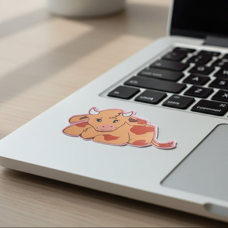Cartoon cow sticker on a laptop keyboard