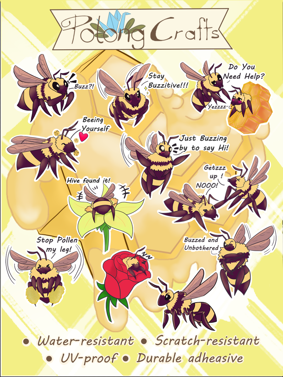 Sheet of bee-themed stickers with various bee designs and text on a yellow background, featuring the brand 'Pebbles Crafts'.