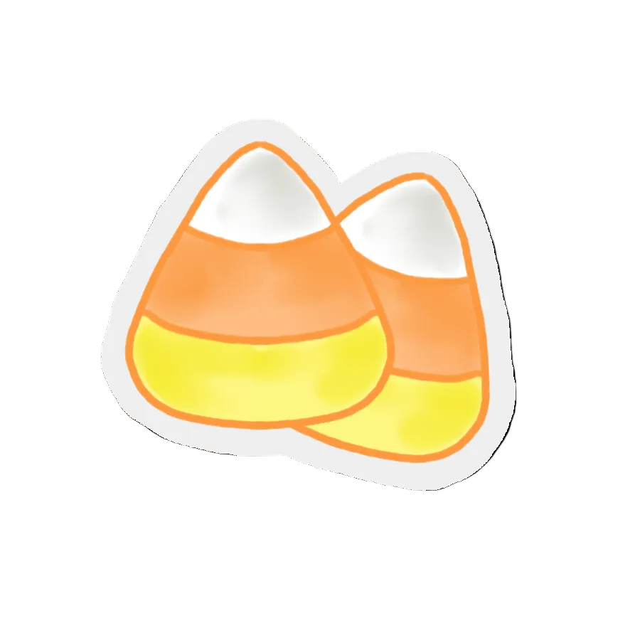 Two candy corns sticker with orange, yellow, and white horizontal stripes on a white background.