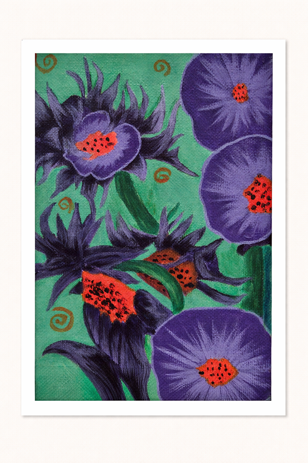 Framed artwork of purple flowers with red centers on a green background