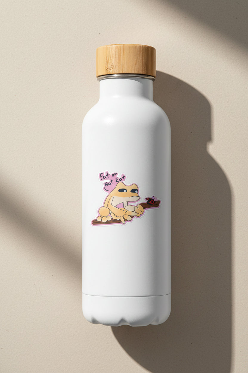 Cartoon character on a branch with text 'Eat or Not Eat' on a white waterbottle 