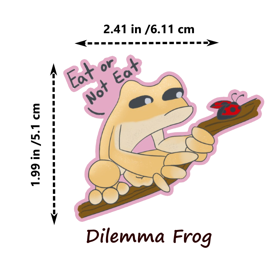 Illustrations of various frog characters with dimensions on a white background