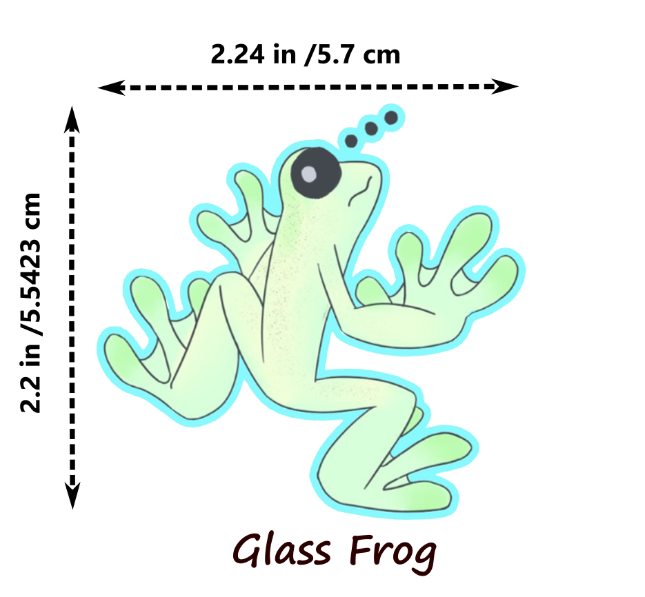 Illustrations of various frog characters with dimensions on a white background