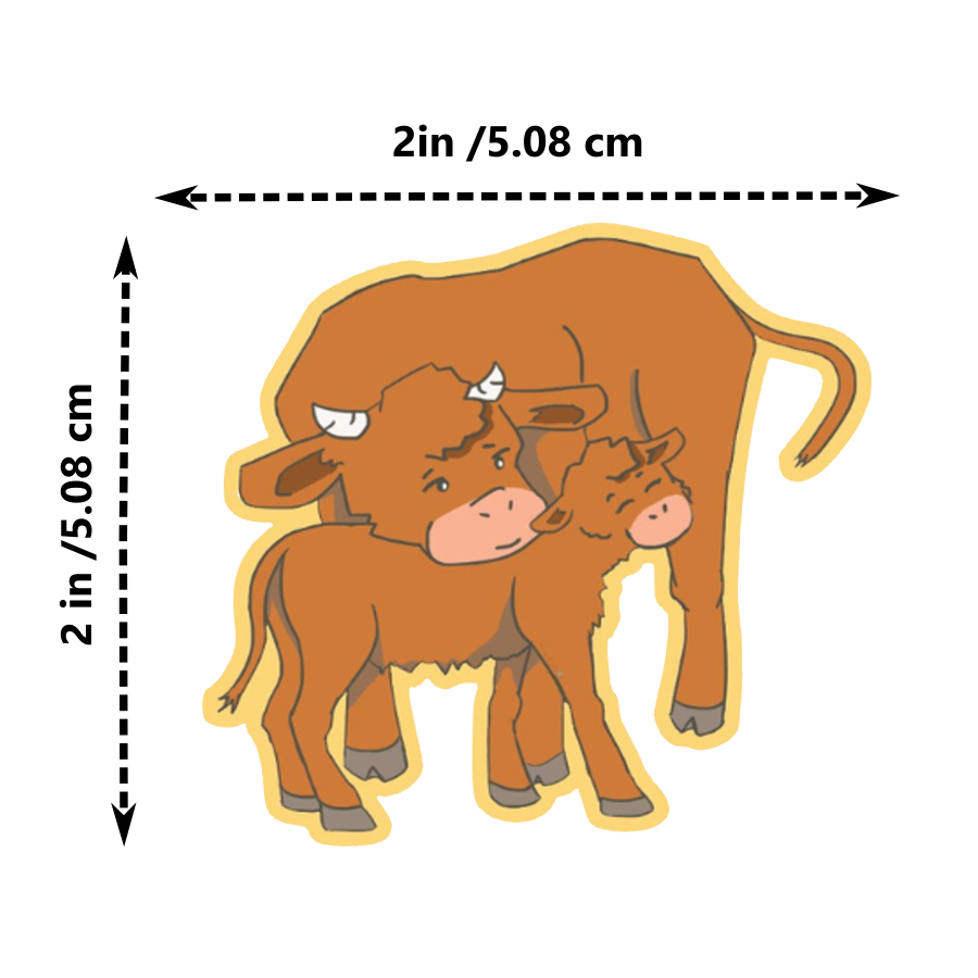 Cartoon bull and calf illustration with dimensions on a white background