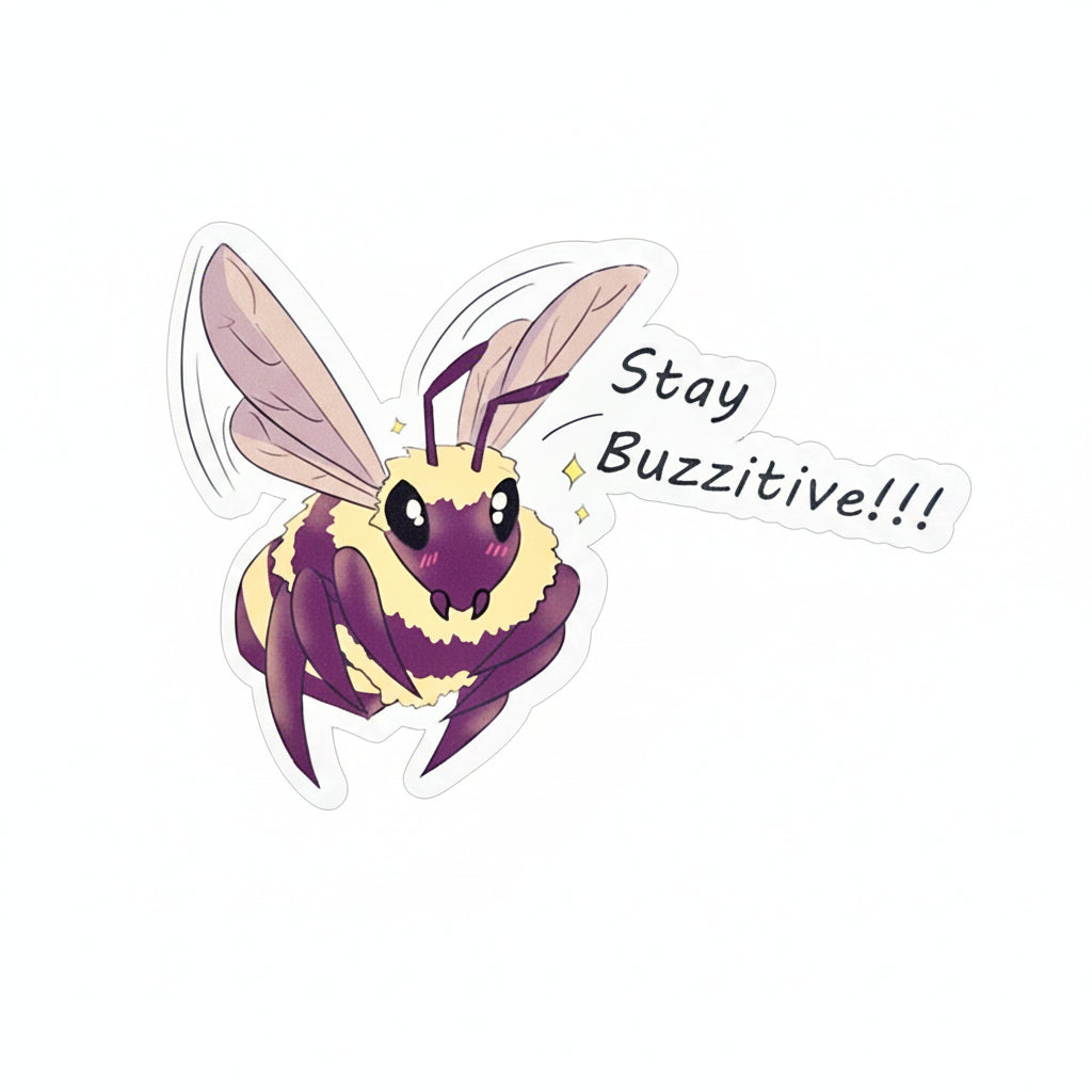 Cartoon bee with a speech bubble saying 'Stay Buzzitive!!!' on a white background