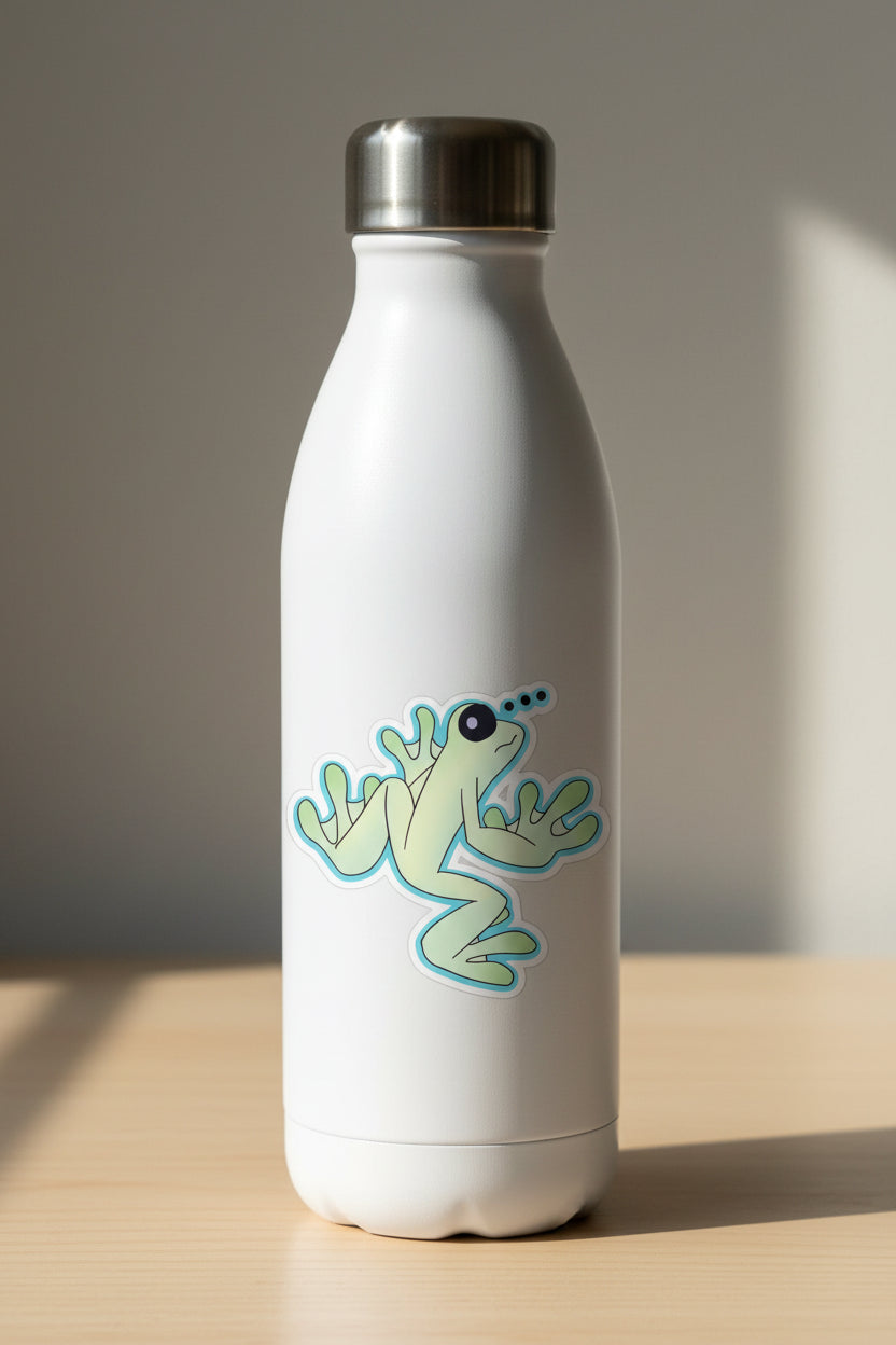 Cartoon frog sticker on a water bottle 