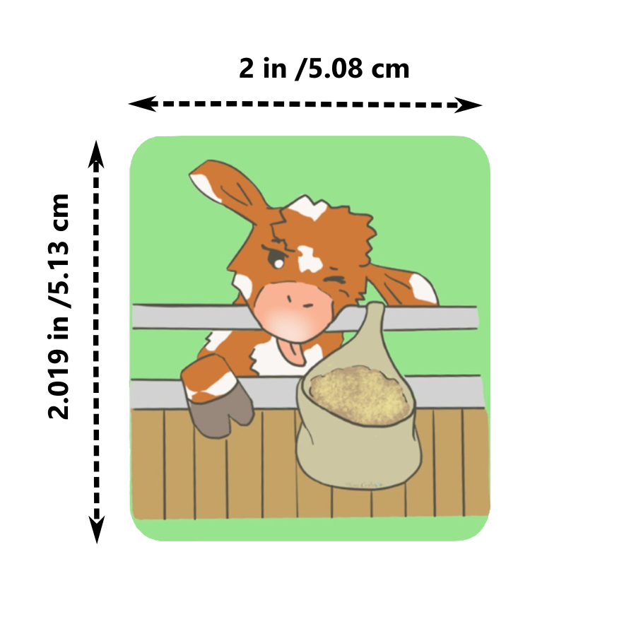 Cartoon cow with a bag of feed in a stable, with dimensions indicated.