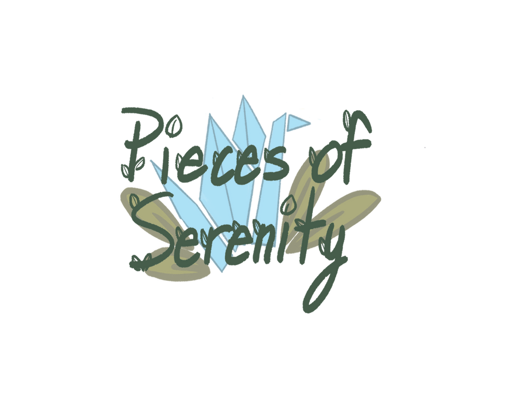 Logo with 'Pieces of Serenity' text and abstract shapes on a white background