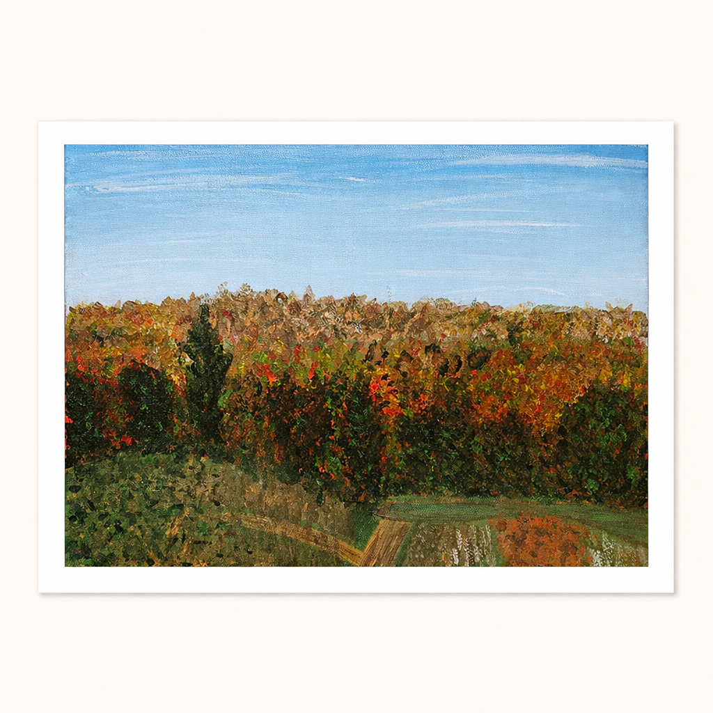 Painting of a forest landscape with autumn colors and a clear blue sky.