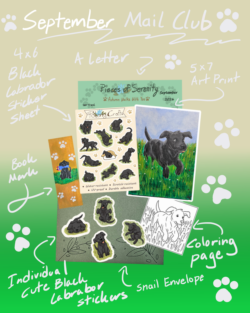 A promotional collage for a September Mail Club package featuring black Labrador-themed stationery and art items, including a letter, art print, coloring page, stickers, and envelopes, with handwritten labels and paw-print graphics on a green-to-beige gradient background.
