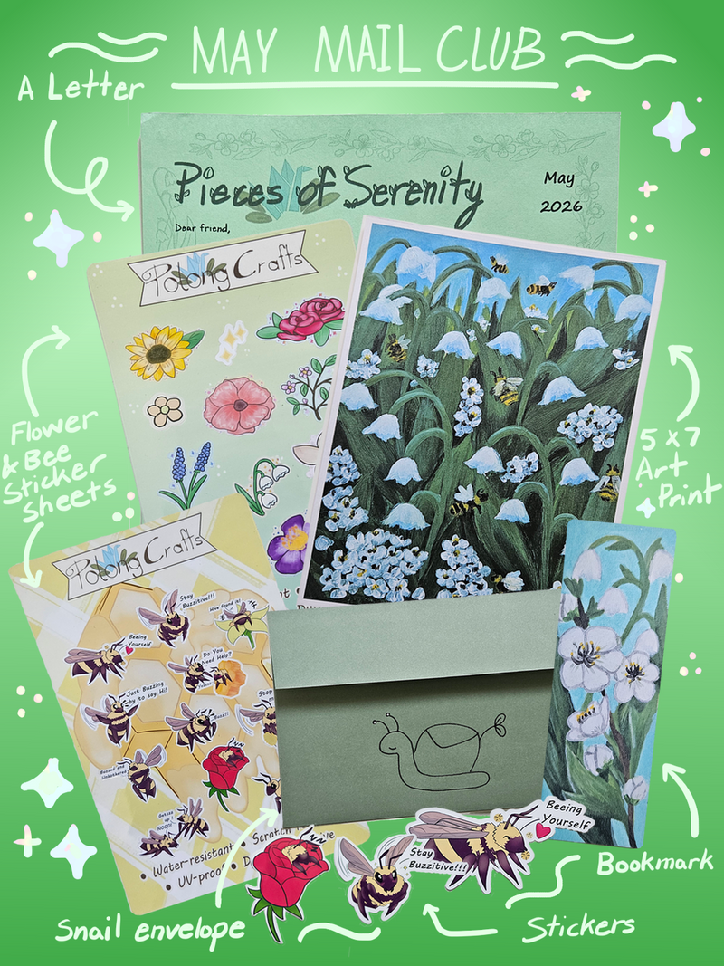 May Mail Club package with art print, stickers, envelope, and bookmark on a green background