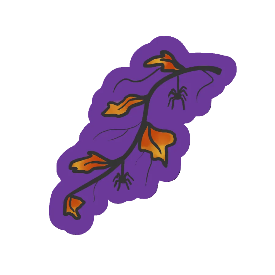 A purple Halloween-themed decorative graphic featuring a branch with orange autumn leaves and small black spiders on a plain white background.