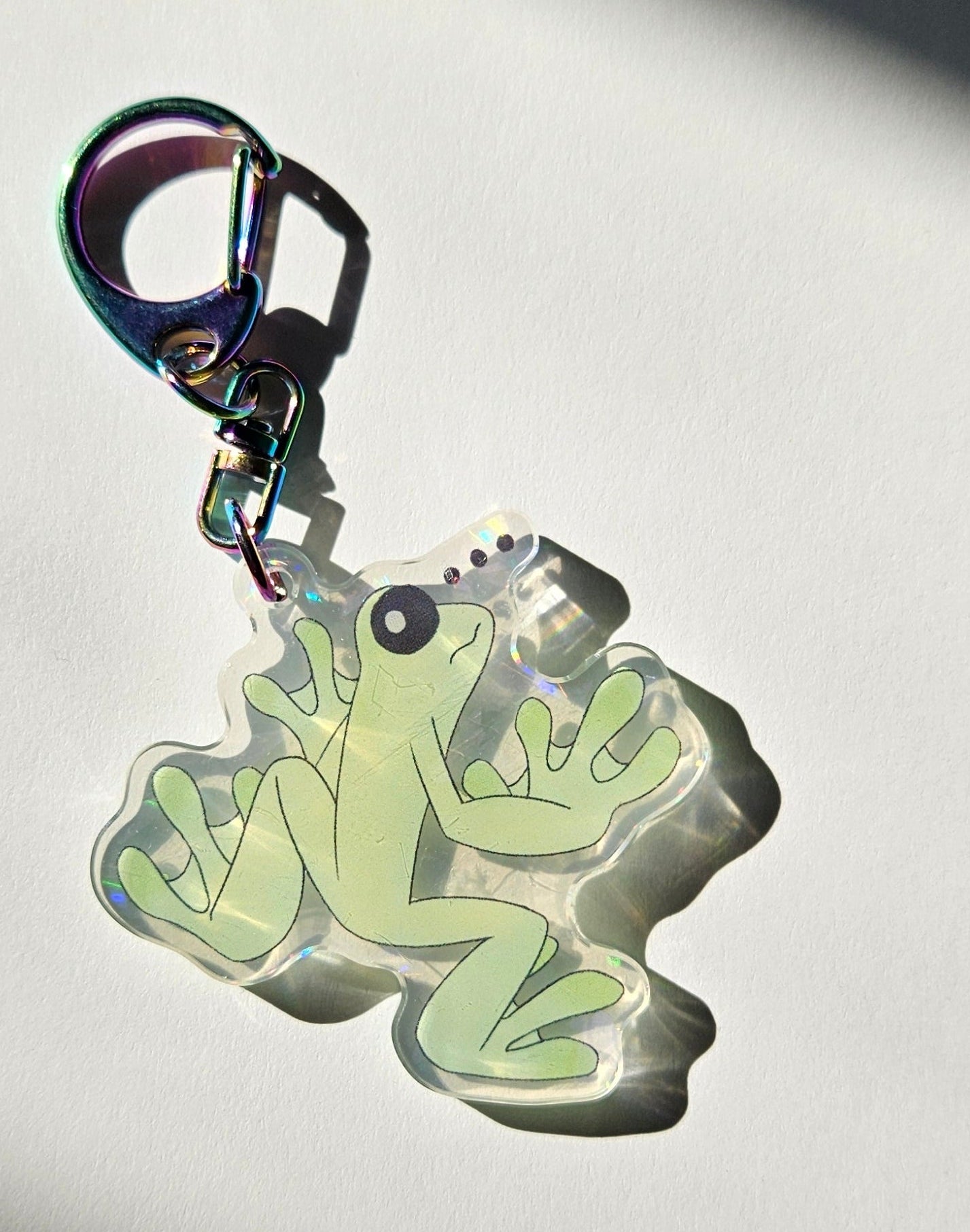 Reflective green frog tag with a chain on a white background
